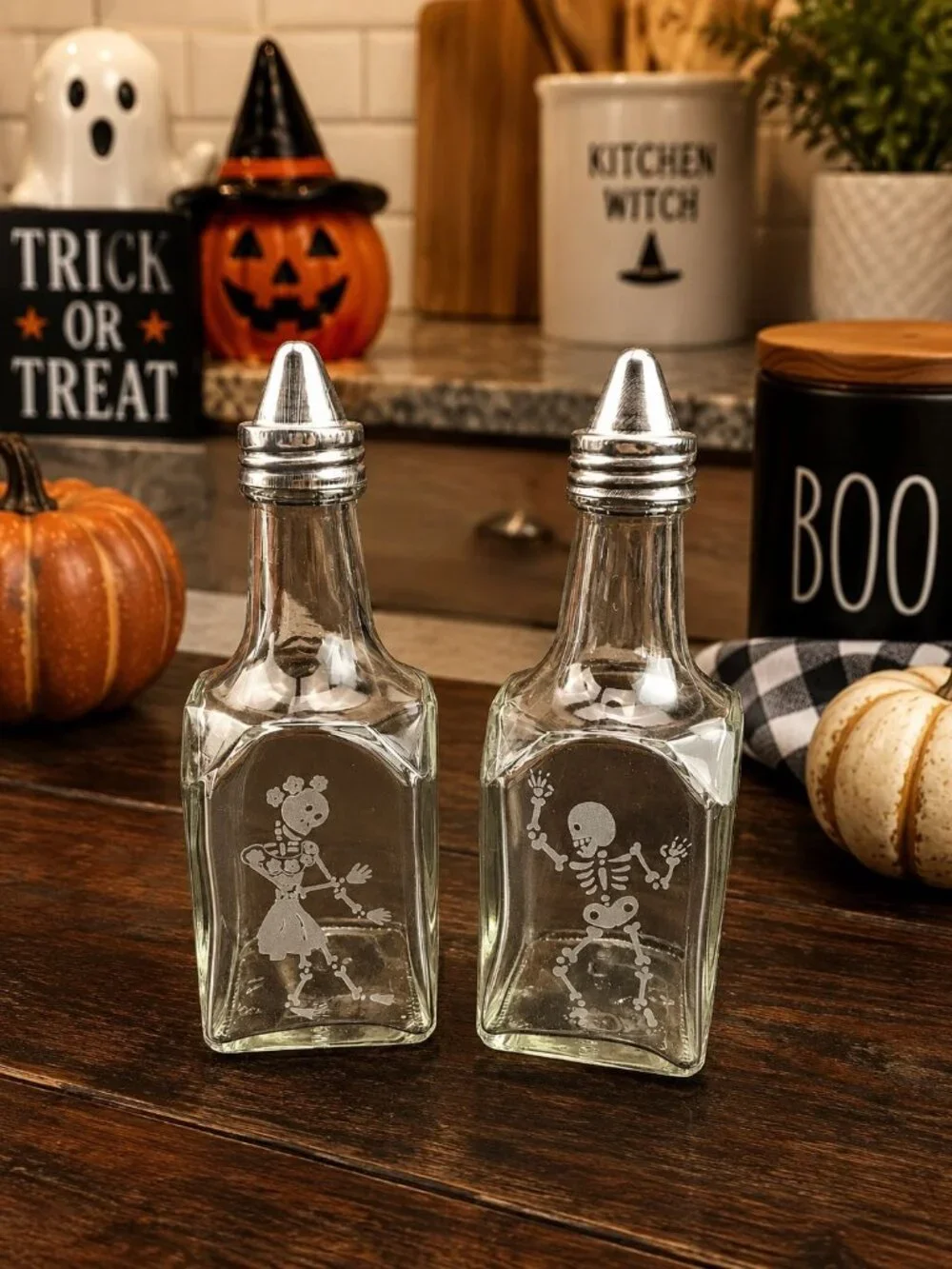 Skeleton Etched Glass Oil Vinegar Halloween Dispensers Bottles Metal Set Of 2